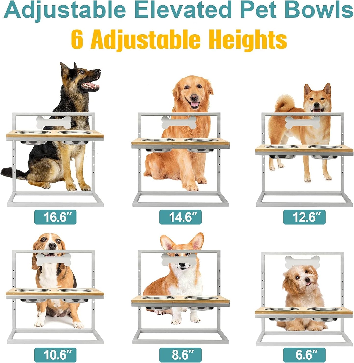 Large Elevated Dog Bowls Feeder - Adjustable to 6 Heights, anti Rust Frame Raised Pet Feeder for Big Dogs, Steel Food and Water Bowls, Grey