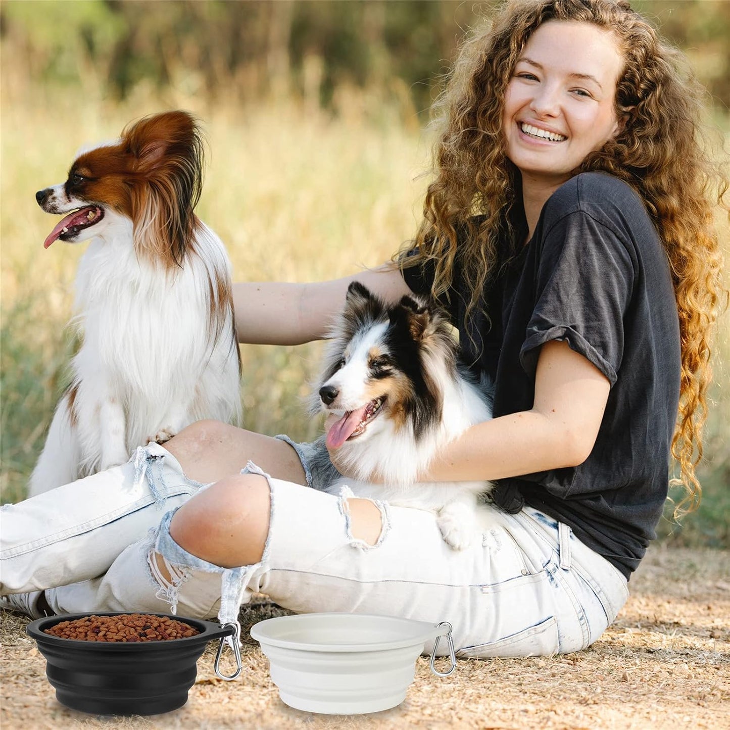 2Pack Collapsible Dog Bowl,Integrated Molding Travel Bowl No Plastic Rim Pet Feeding Bowls for Walking Traveling Outdoors,600Ml (Black+Light Grey)