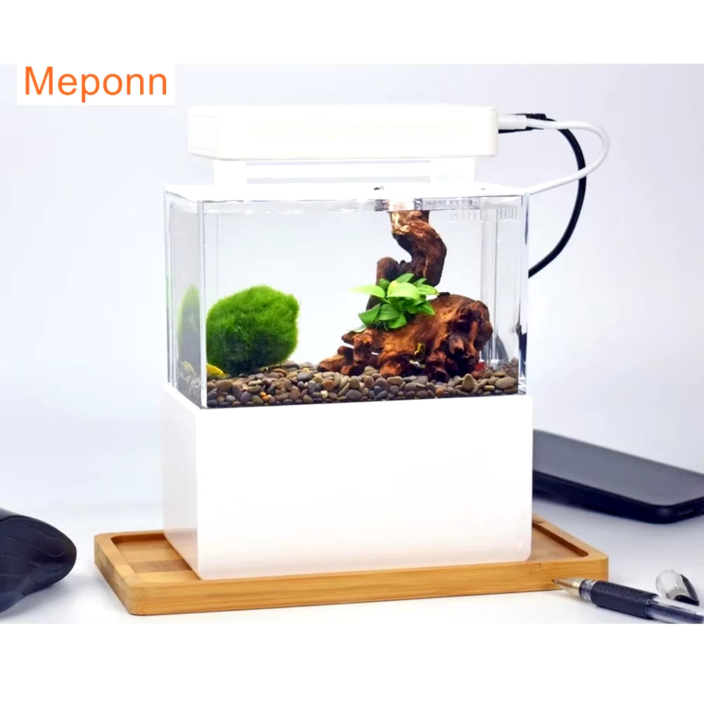 1.5L Mini Betta Fish Tank Aquarium Desktop Decorations Marine Aquaponic Fishes Bowl with Water Fliter USB Air Pump LED Light