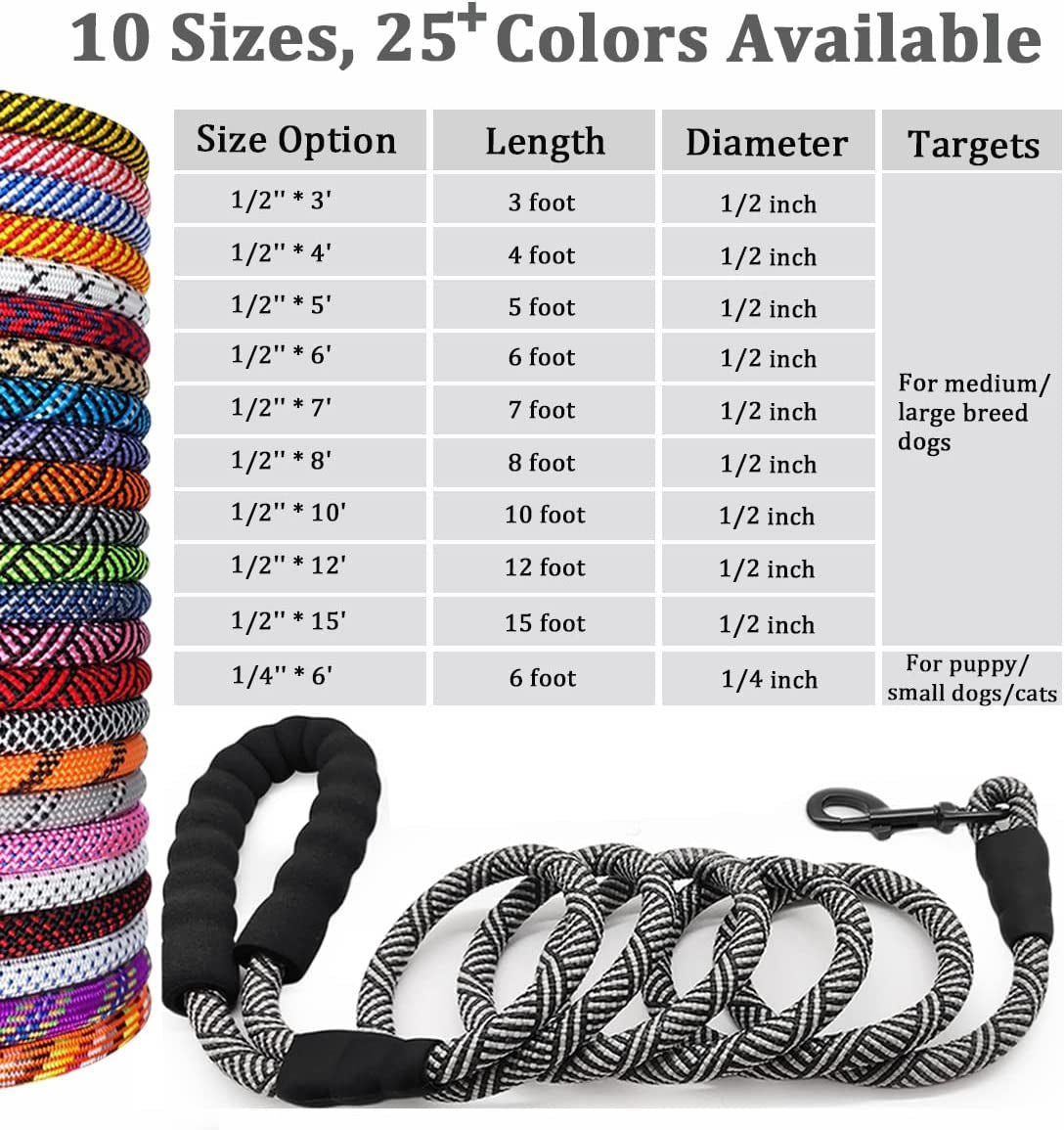 Heavy Duty Rope Dog Leash, 3/4/5/6/7/8/10/12/15 FT Nylon Pet Leash, Soft Padded Handle Thick Lead Leashes for Large Medium Dogs Small Puppy