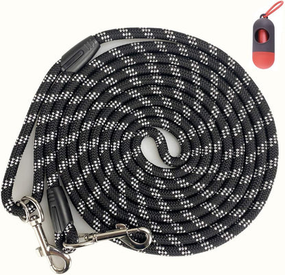 Long Rope Dog Leash for Dog Training 12FT 20FT 30FT 50FT, Reflective Threads Dog Leashes Tie-Out Check Cord Recall Training Agility Lead for Large Medium Small Dogs (Black, 10Mm*12Ft)