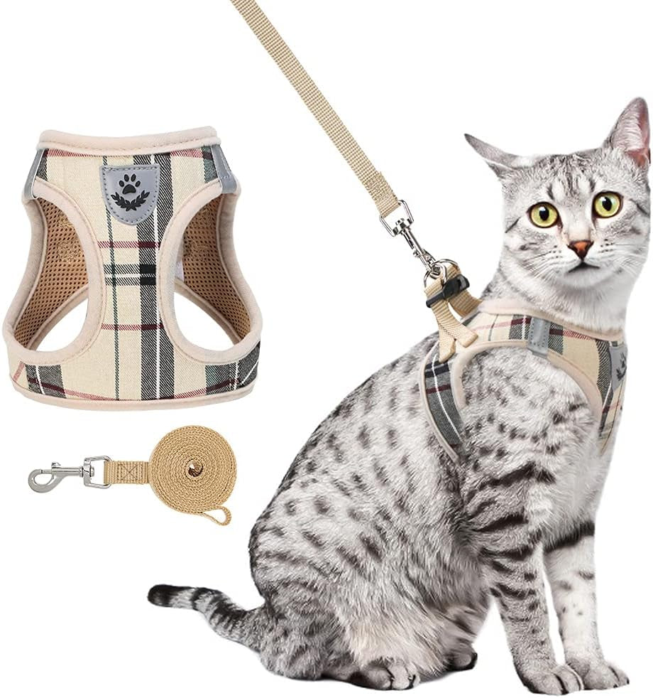 Soft Mesh Cat Harness and Leash Set, Escape Proof Vest Harnesses for Outdoor Walking with Classic Plaid Pattern Adjustable Breathable