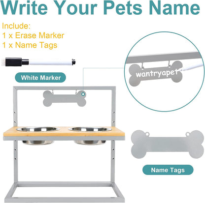 Large Elevated Dog Bowls Feeder - Adjustable to 6 Heights, anti Rust Frame Raised Pet Feeder for Big Dogs, Steel Food and Water Bowls, Grey