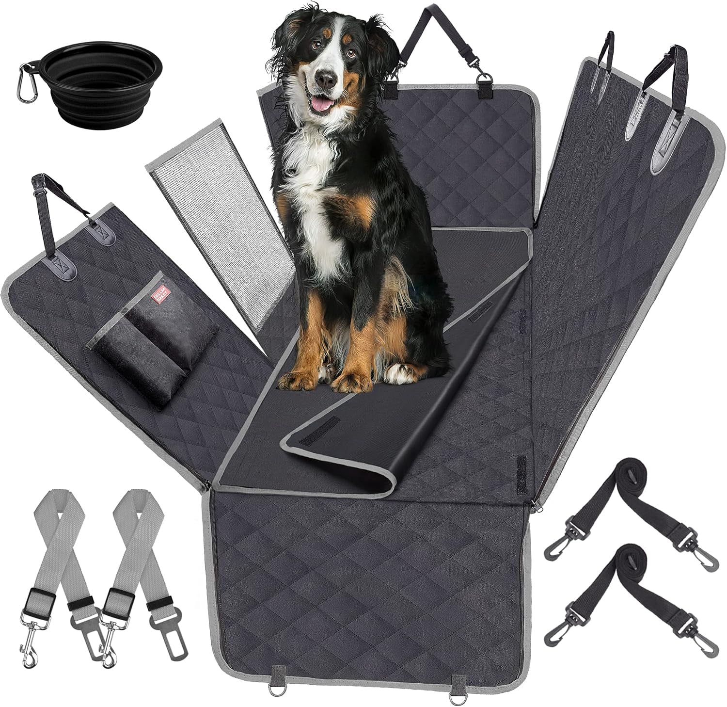 Dog Car Seat Cover Waterproof with Mesh Window, 1 Removable Pad, 2 Dog Selt Belts Machine Washable - Dog Back Seat Cover Scratch Proof Nonslip Hammock for Cars/Trucks/Suvs