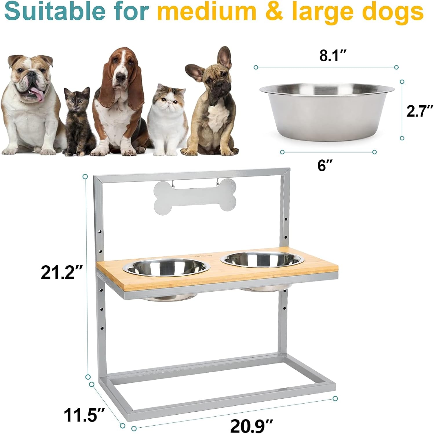 Large Elevated Dog Bowls Feeder - Adjustable to 6 Heights, anti Rust Frame Raised Pet Feeder for Big Dogs, Steel Food and Water Bowls, Grey